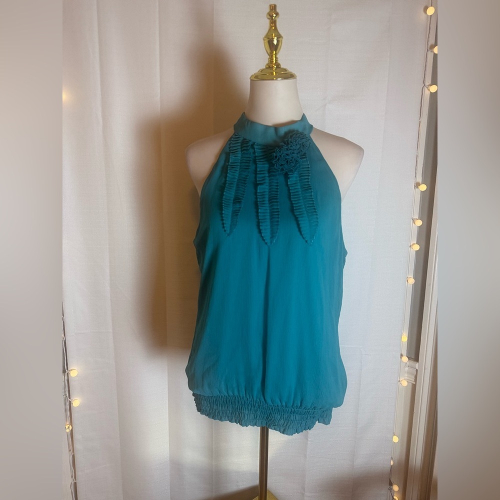 Women's Teal Halter Tank Top with Ruffle Detail